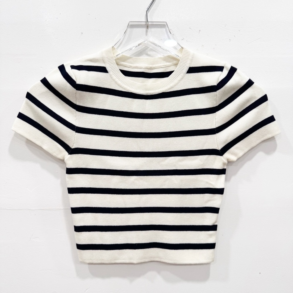 Zara Cropped Knit Short Sleeve Top White Black Stripe Crewneck XS